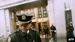 Police set up barricades outside a U.S. courthouse in lower Manhattan on May 18.