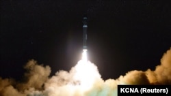 NORTH KOREA -- A view of the newly developed intercontinental ballistic rocket Hwasong-15's test that was successfully launched is seen in this undated photo released by North Korea's Korean Central News Agency (KCNA) in Pyongyang November 30, 2017