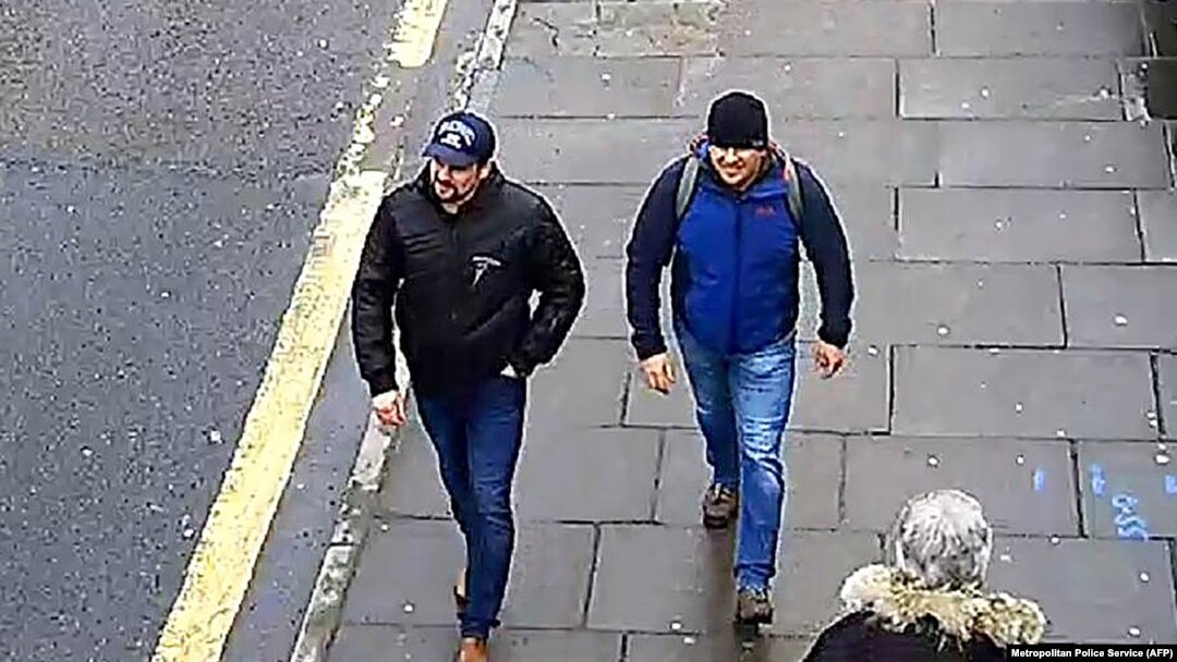 A handout picture released by British police showing what are believed to be two Russian security agents involved in the attempted poisoning in Salisbury of former spy Sergei Skripal and his daughter in 2018. 