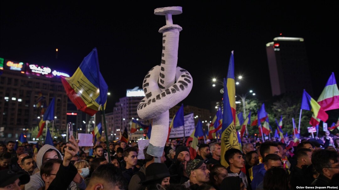 Protesters rallied in Bucharest on October 2. Romania has fully vaccinated only one-third of all adults, making it the second-least-vaccinated EU member state after Bulgaria.