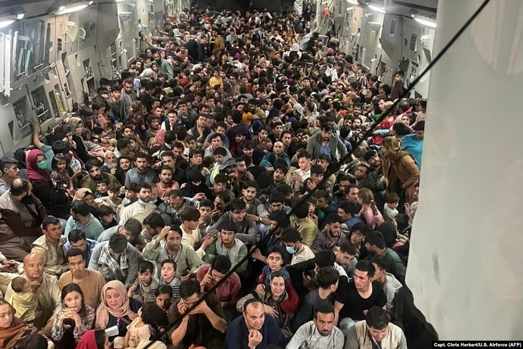 This image distributed courtesy of the U.S. Air Force shows the inside of Reach 871, a U.S. Air Force C-17 Globemaster III aircraft flown from Kabul to Qatar on August 15, 2021.