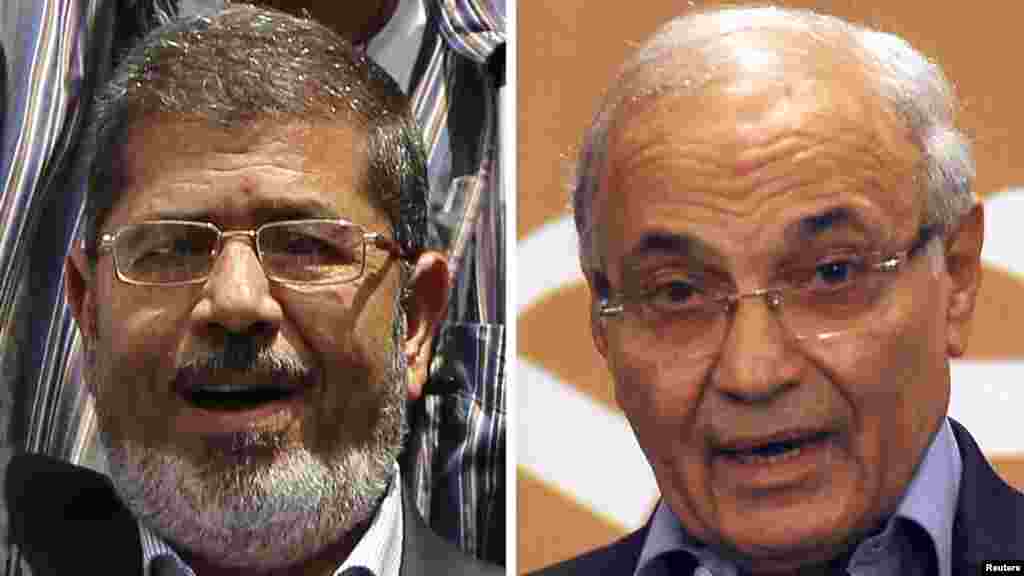 Екі кандидат Мохаммед Мурси (сол жақта) мен Ахмед Шафиктің суреттері