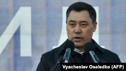Kyrgyz politician Sadyr Japarov addresses his supporters in Bishkek on January 11.