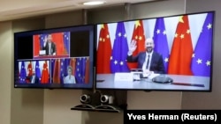 Chinese President Xi Jinping (top left), European Commission President Ursula von der Leyen (bottom right), and European Council President Charles Michel will be meeting for a virtual summit at the beginning of April. (file photo)