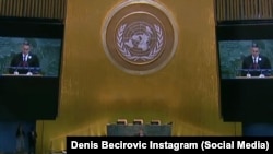 Predsjedavajući Predsjedništva BiH, Denis Bećirović govori u UN-u povodom komemoracije za genocid u Srebrenici, 9. juli 2026.