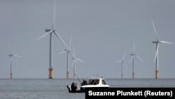 Ribari u čamcu kod priobalnog vetroparka "Gunfleet Sands" na jugoistoku Engleske, maj 2014.
