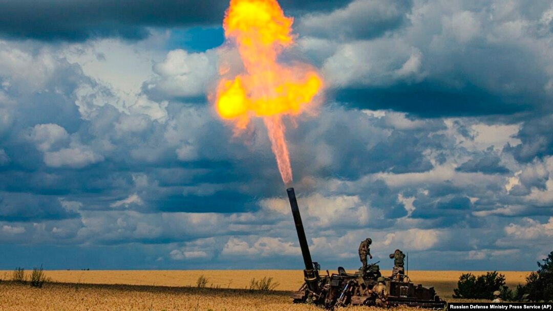 Russian soldiers fire a 2S4 Tyulpan self-propelled heavy mortar from their position at an undisclosed location in Ukraine, in a photo released by the Russian Defense Ministry on July 22.