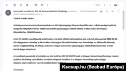 Képernyőfotó a Magyar Honvédség Egészségügyi Központ leveléről