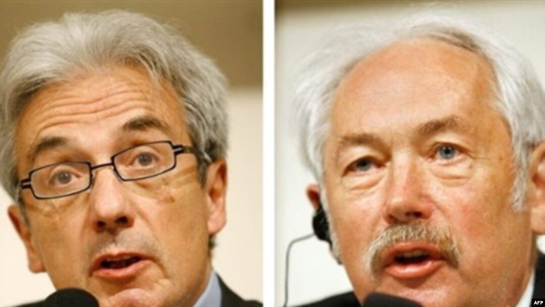 Germany/France -- Scientists Peter Grunberg (R) and Albert Fert, 16Apr2007