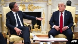 Генералният секретар на НАТО Марк Рюте (вляво) и президентът на САЩ Доналд Тръмп в Овалния кабинет на Белия дом във Вашингтон, 14 юли 2025 г.