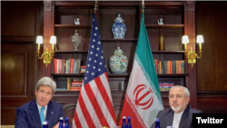 John Kerry speaking at a meeting with Iran's foreign minister, Mohammad Javad Zarif.