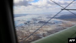 An aerial view of the flooded Kurgan region on April 11