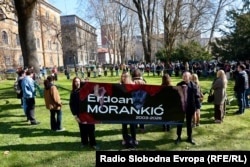 Studenti s Akademije likovnih umjetnosti na protestu s transparentom o nastradalom mladiću Erdoanu Morankiću, 6. mart 2026.