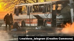 An image released by Ukraine’s emergency services shows the aftermath of a Russian drone strike on a bus in the Dnipropetrovsk region on February 1.