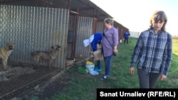 Волонтер Юлия Асиновская (справа) в питомнике для собак. Село Круглоозерное Западно-Казахстанской области, 21 мая 2015 года. 