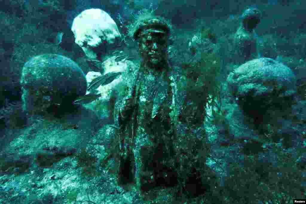 A sculpture of Vladimir Lenin caked in algae. The Alley Of Leaders, as the underwater site is called, began on August 25, 1992, when diving instructor Vladimir Borumenskiy lowered the first bust under the water.