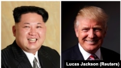 Комбинированное фото с портретом лидера Северной Кореи Ким Чен Ына и президента США Дональда Трампа (справа).
