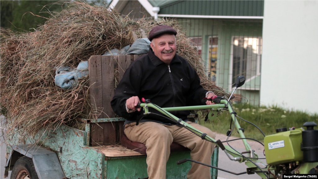 Мужчина везет сено в селе Каштаны Симферопольского района
