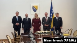 Francuski i njemački ministri za Evropu Benjamin Haddad i Gunther Krichbaum razgovarali su u Sarajevu sa članovima Predsjedništva Bosne i Hercegovine, Željkom Cvijanović, Denisom Bećirovićem i Željkom Komšićem, 2. juni 2026. 