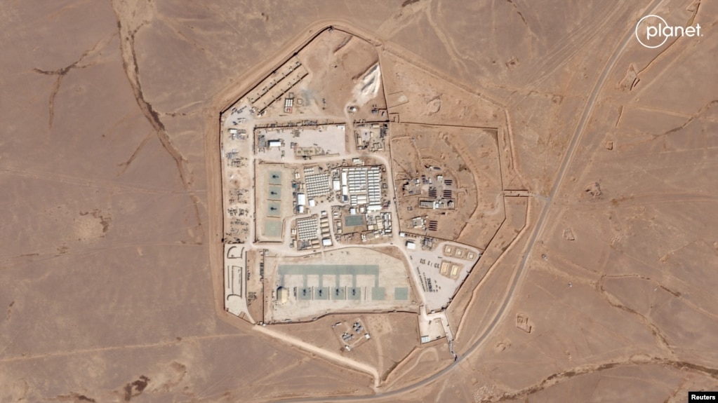 A satellite view of the U.S. military outpost known as Tower 22, a site hosting a contingent of U.S. troops inside Jordan along the Syria border.