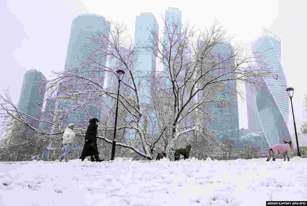  People walk their dogs during a snowfall in Moscow on November 4. 