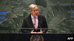  Secretarul general al ONU, Antonio Guterres, în timpul „Summit-ului viitorului”, organizat în marja Adunării Generale a ONU, la sediul Națiunilor Unite din New York, 22 septembrie 2024. 