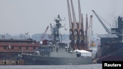 Iranian warship Iris Dena is pictured berthed in Rio de Janeiro's port in 2023.