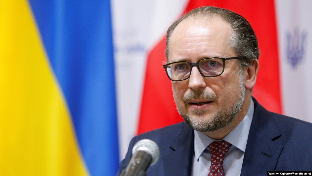 Austrian Foreign Minister Alexander Schallenberg attends a news briefing following talks with his counterparts from the Czech Republic, Slovakia, and Ukraine in Kyiv on February 8.