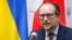Austrian Foreign Minister Alexander Schallenberg attends a news briefing following talks with his counterparts from the Czech Republic, Slovakia, and Ukraine in Kyiv on February 8.