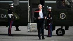US President Donald Trump steps off Marine One after landing at Ocala International Airport in Florida, where he spoke at The Villages retirement community on May 1.
