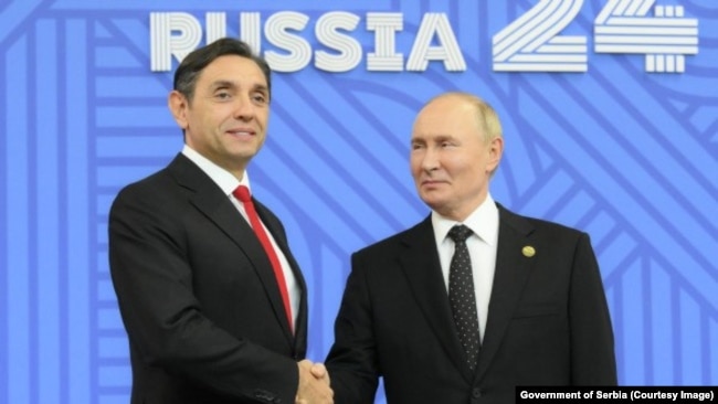 Aleksandar Vullin gjatë një takimi me presidentin e Rusisë, Vladimir Putin, në Kazan. Tetor, 2024.