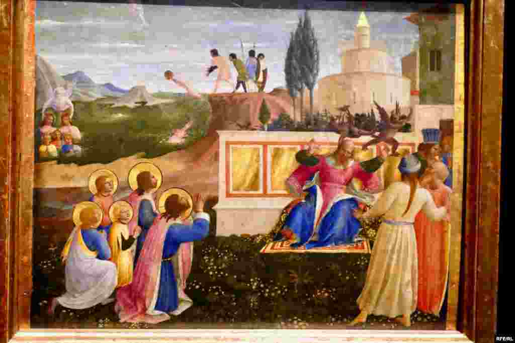 Fra Angelico, Sfinții Cosma și Damian și frații lor sînt aruncați în mare și salvați de un înger, panou de predelă din marele altar de la Sf. Marco din Florența (c. 438/40).