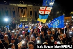 Protestul de la Tbilisi de luni seară, 28 octombrie 2024.