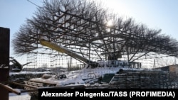 A armored vehicle at a workshop in Russian-held territory in Ukraine’s Zaporizhzhya region