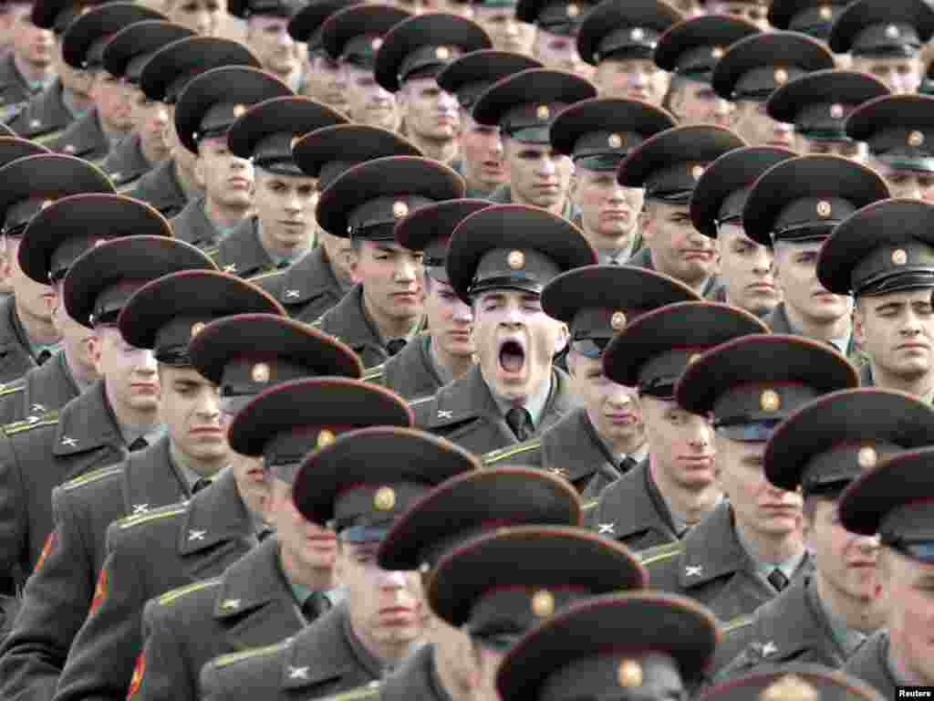 Soldiers in Moscow prepare for celebrations in May of the 65th anniversary of the defeat of Nazi Germany. - Photo by Alexander Natruskin for Reuters