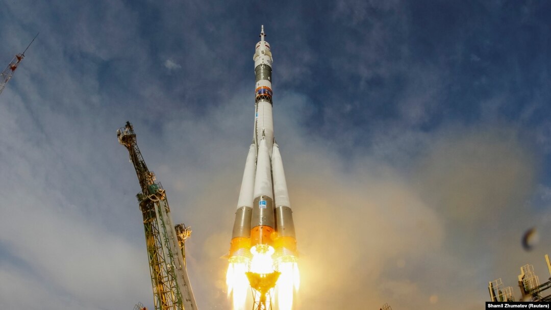 The Soyuz MS-09 spacecraft blasts off carrying the crew of Serena Aunon-Chancellor of the U.S, Alexander Gerst of Germany, and Sergei Prokopyev of Russia.