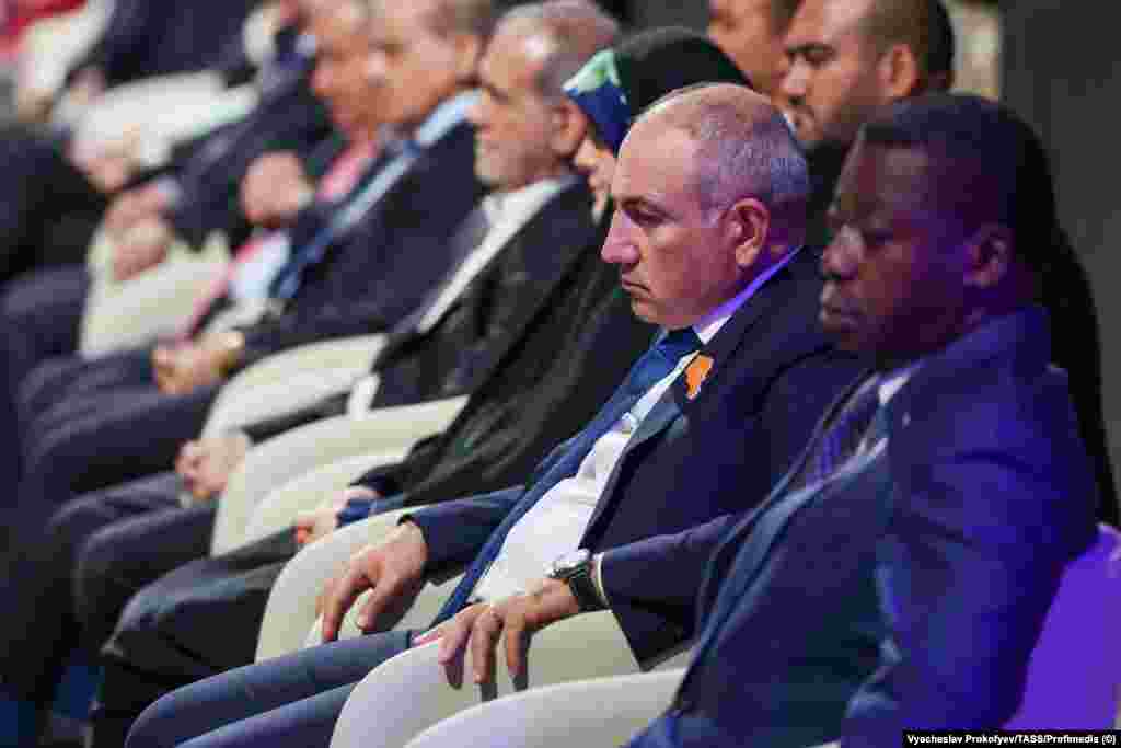 Armenian Prime Minister Nikol Pashinian watches the opening ceremony.Pashinian is due to meet with Putin on September 1 in Bishkek amid increasingly frigid relations between Yerevan and Moscow.