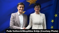 Predsednica Narodne skupštine Srbije Ana Brnabić na sastanku s evropskom komesarkom za proširenje Martom Kos, Brisel, 18. mart 2026.