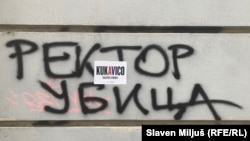 Mnogim grafitima se posebno targetira rektor Univerziteta u Beogradu Vladan Đokić.