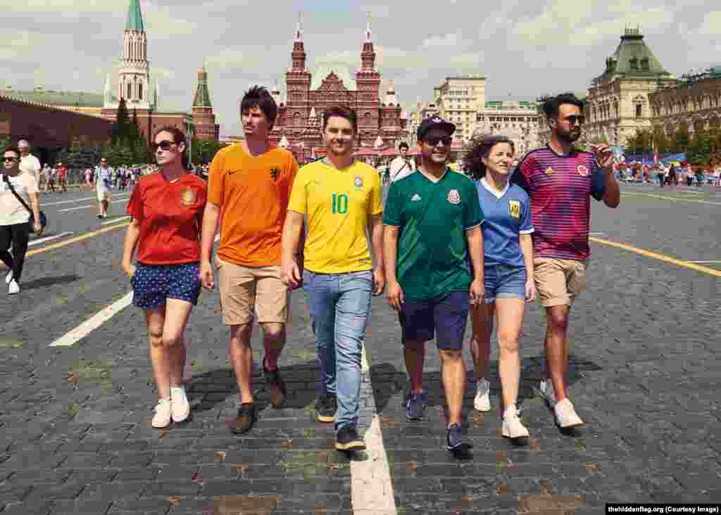 The six, who have launched a website to promote the project, are dressed in their national teams&rsquo; colors so as not to attract suspicion.