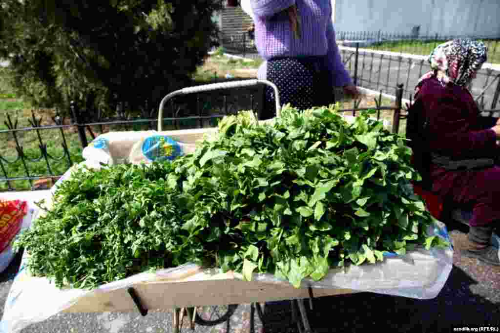 Uzbekistan - spring in Tashkent, saleswoman is selling herbs in bazaar
