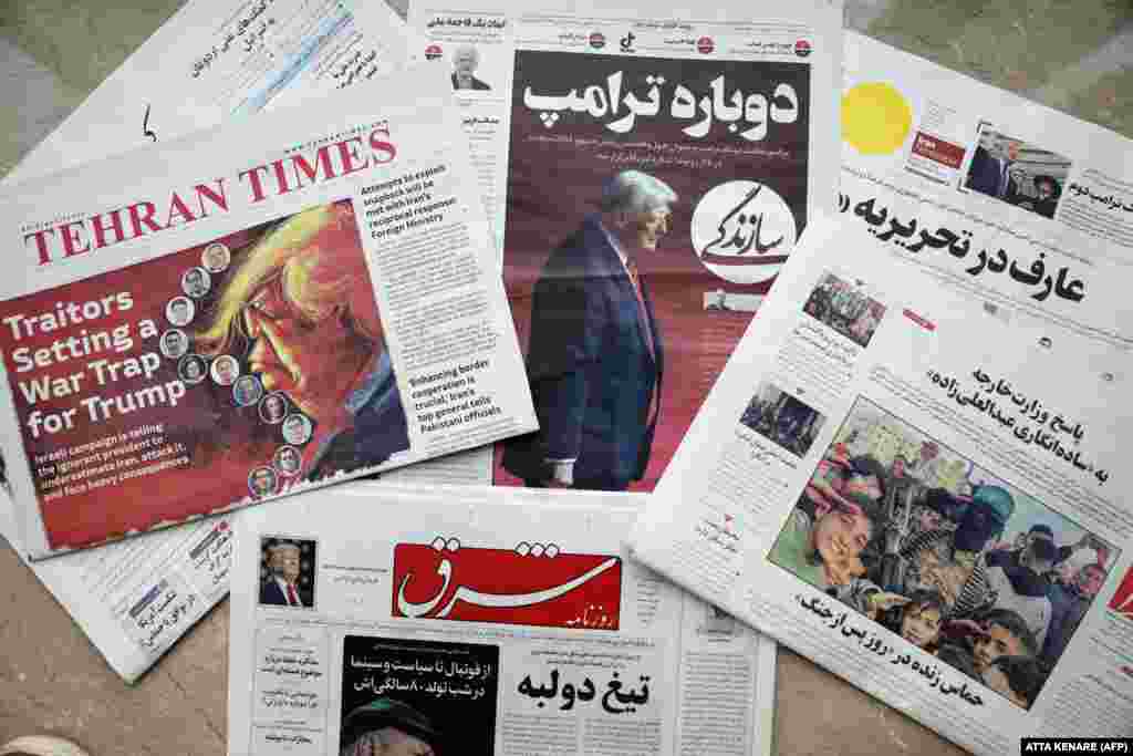  Iranian daily newspapers at a newsstand in Tehran on January 21 include Sazandegi (center), which leads with a piece on U.S. President Donald Trump titled &quot;Trump Again.&quot; &nbsp; &nbsp; 