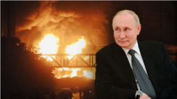 Коллаж: Владимир Путин и горящая нефтебаза в Шаране