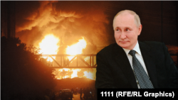 Коллаж: Путин и горящая нефтебаза в Шаране