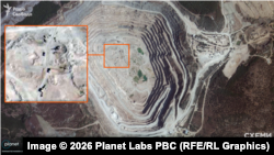 A BALAKLAVSKA RU quarry in Crimea, with inset showing mining equipment. Schemes found evidence the company has been paying Russian taxes and otherwise supporting Moscow's war against Ukraine.