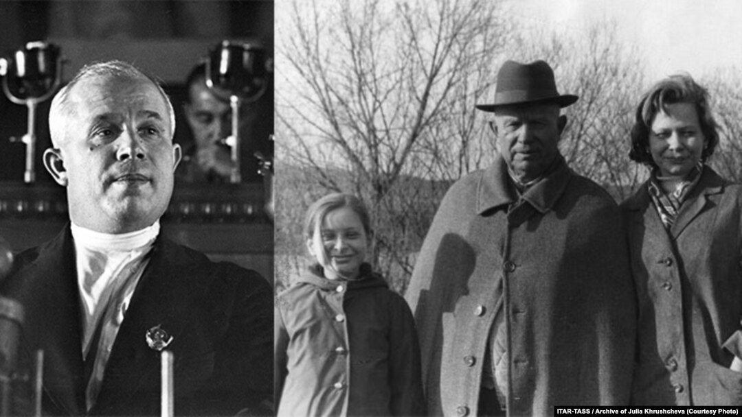 Nikita Khrushchev as Soviet leader (left) and in retirement with great-granddaughter Nina and granddaughter Julia.