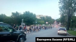 Protesters march in Khabarovsk on July 14. 