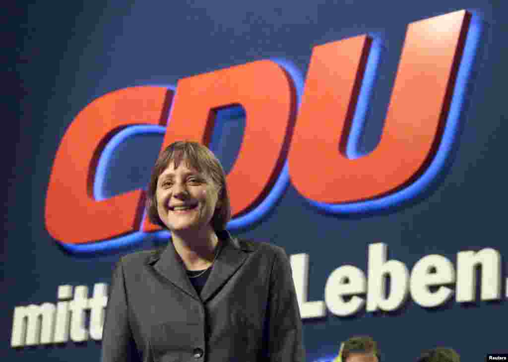 Angela Merkel, newly elected Christian Democratic Union (CDU) party leader, at the end of a CDU party convention in Essen in April 2000.