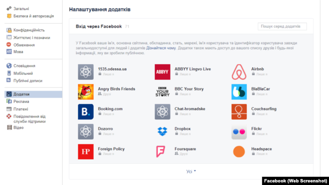 Налаштування Facebook: список додатків, що використовують ваші дані. Ілюстраційне зображення