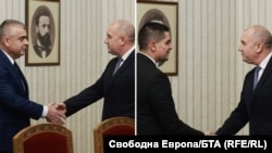 Комбинация от снимки от консултациите при президента Румен Радев - с председателя на парламентарната група на АПС Хайри Садъков (вляво) и лидера на МЕЧ Радостин Василев, 18 декември 2025 г.